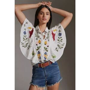 Anthropologie x Farm Rio Embroidered Toucans Birds Tropics Blouse - Size XS